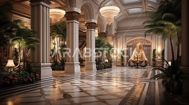 Interest in ornamental plants inside modern hotels and resorts, luxury antiques and accessories, advanced architecture and decorations, classic decorations engraved on columns and ceilings, a large and luxurious chandelier for lighting