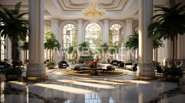 الاهتمام بنباتات الزينة داخل الفنادق والمنتجعات الحديثة، التحف الفاخرة والإكسسوارات، هندسة معمارية وديكورات متطورة، زخارف كلاسيكية منقوشة على الأعمدة والأسقف، ثريا كبيرة وفخمة للإضاءة