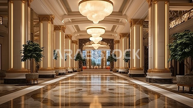 الاهتمام بنباتات الزينة داخل الفنادق والمنتجعات الحديثة، التحف الفاخرة والإكسسوارات، هندسة معمارية وديكورات متطورة، زخارف كلاسيكية منقوشة على الأعمدة والأسقف، ثريا كبيرة وفخمة للإضاءة