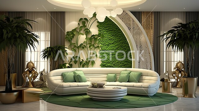Upscale interior decoration and home furniture, distinct designs for residential apartments and villas in the Kingdom of Saudi Arabia, luxury hotels and resorts, living room with modern designs, attention to green ornamental plants