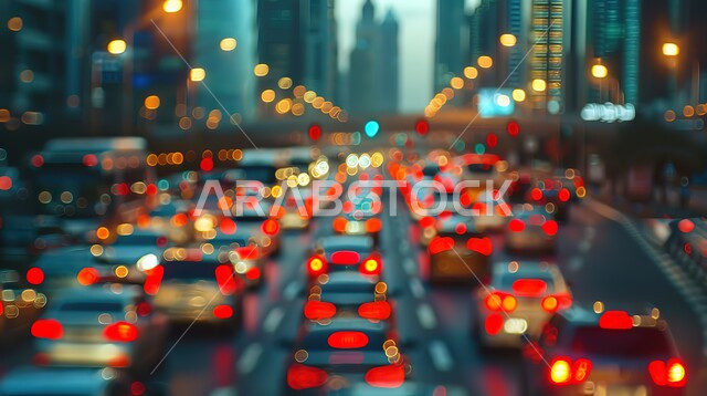 Transportation, traffic congestion in the streets and roads of Dubai, architectural art of buildings and commercial towers, lights and lighting of cars at night on the roads of the United Arab Emirates