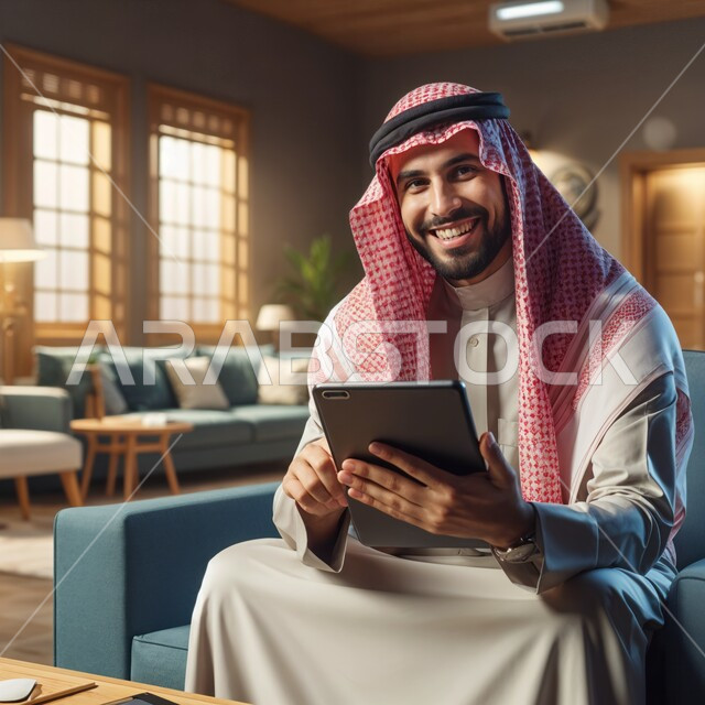  النظر الى الكاميرا بتعابير وايماءات السرور، مهن ووظائف سعودية، ادارة مهام العمل اليومية داخل مقر الشركة، استخدام الاجهزة التقنية الحديثة في العمل، رجل عربي خليجي سعودي مبتسم يرتدي الشماغ و الثوب السعودي التقليدي يجلس على الكنبة يحمل بيده جهاز التابلت