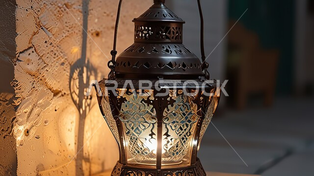 العادات والتقاليد العربية في زينة الأعياد والمناسبات الدينية, تحف وديكورات تقليدية للاحتفال بقدوم شهر رمضان المبارك، أجواء رمضانية وروحانية إسلامية، فانوس عربي معدني مزخرف مضيء معلق على جدار حجري