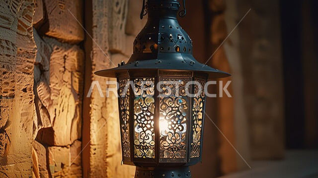  فانوس عربي معدني مزخرف مضيء معلق على جدار حجري، العادات والتقاليد العربية في زينة الأعياد والمناسبات الدينية, تحف وديكورات تقليدية للاحتفال بقدوم شهر رمضان المبارك، أجواء رمضانية وروحانية إسلامية