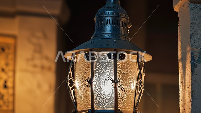 العادات والتقاليد العربية في زينة الأعياد والمناسبات الدينية, تحف وديكورات تقليدية للاحتفال بقدوم شهر رمضان المبارك، أجواء رمضانية وروحانية إسلامية، فانوس عربي معدني مزخرف مضيء معلق على جدار حجري