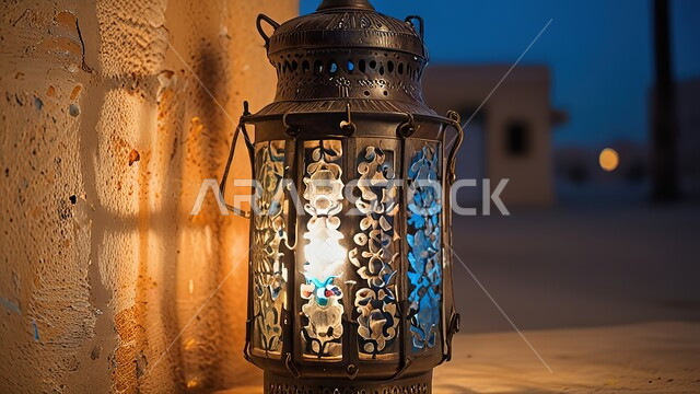 فانوس عربي معدني مزخرف مضيء معلق على جدار حجري، العادات والتقاليد العربية في زينة الأعياد والمناسبات الدينية, تحف وديكورات تقليدية للاحتفال بقدوم شهر رمضان المبارك، أجواء رمضانية وروحانية إسلامية