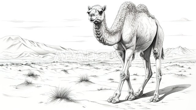 رسم توضيحي بالأبيض والأسود لجمل يقف في احدى المحميات البرية، المناطق الصحراوية في المملكة العربية السعودية، الاهتمام والعناية في الثدييات، النباتات الشوكية في البراري، المرتفعات والكثبان الرملية