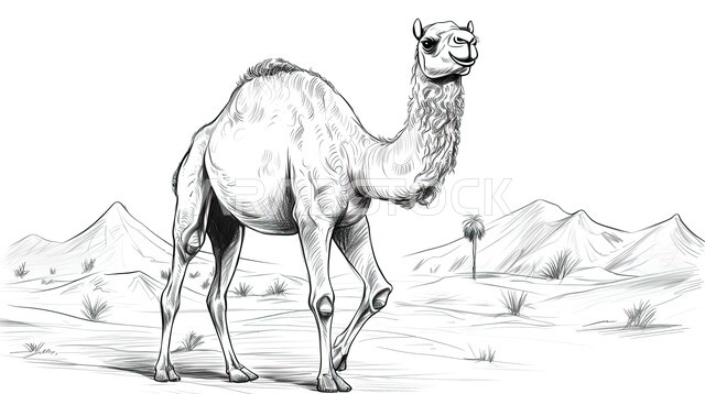 رسم توضيحي بالأبيض والأسود لجمل يقف في احدى المحميات البرية، المناطق الصحراوية في المملكة العربية السعودية، الاهتمام والعناية في الثدييات، النباتات الشوكية في البراري، المرتفعات والكثبان الرملية
