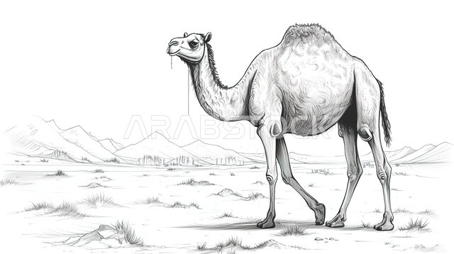 رسم توضيحي بالأبيض والأسود لجمل يقف في احدى المحميات البرية، المناطق الصحراوية في المملكة العربية السعودية، الاهتمام والعناية في الثدييات، النباتات الشوكية في البراري، المرتفعات والكثبان الرملية