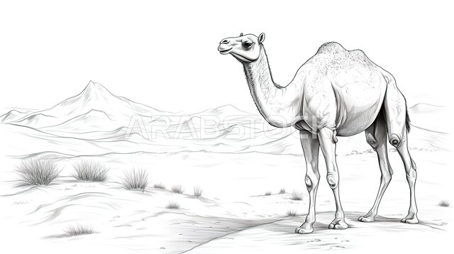 رسم توضيحي بالأبيض والأسود لجمل يقف في احدى المحميات البرية، المناطق الصحراوية في المملكة العربية السعودية، الاهتمام والعناية في الثدييات، النباتات الشوكية في البراري، المرتفعات والكثبان الرملية