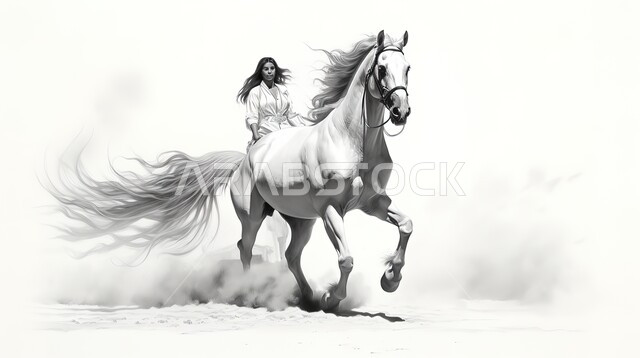 Passion for equestrianism and horse riding, a black and white illustration of a Saudi Gulf Arab girl riding a purebred Arabian horse, the concept of raising and training horses, following ancestral traditions in caring for horses in the Kingdom of Saudi Arabia, white background