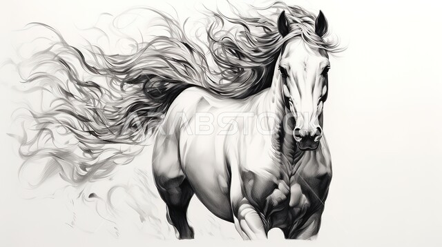 Passion for equestrianism and horse riding, black and white illustration of a purebred Arabian horse, concept of raising and training horses, following ancestral traditions in caring for horses in the Kingdom of Saudi Arabia, white background