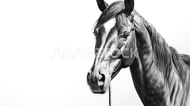 شغف الفروسية وركوب الخيل، رسم توضيحي بالأبيض والأسود لحصان عربي أصيل، مفهوم تربية وتدريب الأحصنة، اتباع تقاليد الاجداد في رعاية الخيول بالمملكة العربية السعودية، خلفية بيضاء