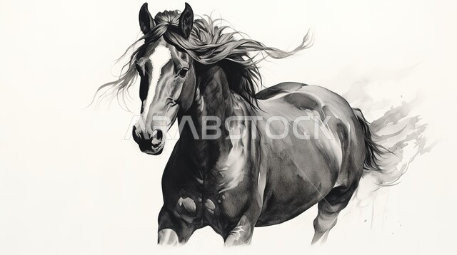 شغف الفروسية وركوب الخيل، رسم توضيحي بالأبيض والأسود لحصان عربي أصيل، مفهوم تربية وتدريب الأحصنة، اتباع تقاليد الاجداد في رعاية الخيول بالمملكة العربية السعودية، خلفية بيضاء