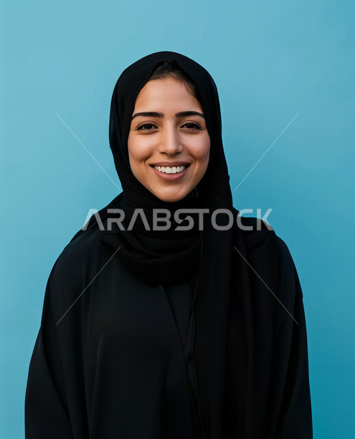 التقاط الصور الشخصية للوثائق الرسمية، الأزياء العصرية للمحجبات، الإهتمام بالمظهر الخارجي والأناقة، مفهوم الأنوثة والنعومة، بورتريه مقرب لامرأة عربية خليجية سعودية محجبة ترتدي عباءة سوداء تنظر الى الكاميرا بايماءات السعادة والسرور، خلفية زرقاء