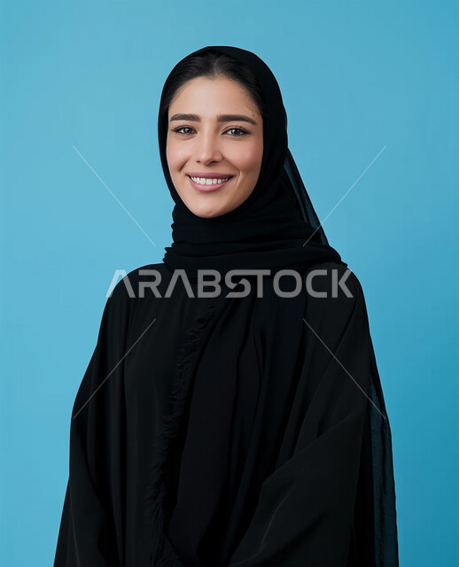 الإهتمام بالمظهر الخارجي والأناقة، مفهوم الأنوثة والنعومة، إرتداء الأزياء العصرية للمحجبات، بورتريه مقرب لامرأة عربية خليجية سعودية محجبة ترتدي عباءة سوداء تنظر الى الكاميرا بايماءات السعادة والسرور، التقاط الصور الشخصية للوثائق الرسمية، خلفية زرقاء