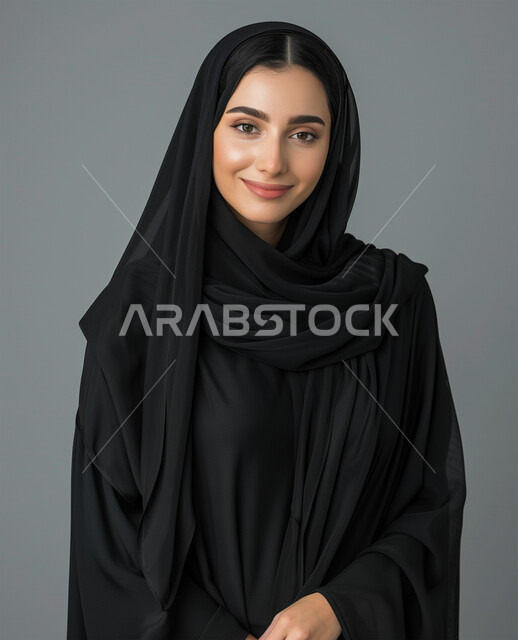 Portraits for official documents, modern clothing for veiled women, elegance and interest in outward appearance, concept of softness and femininity, gestures of happiness and pleasure, close-up portrait of a veiled Saudi Arabian Gulf woman wearing a black abaya looking at the camera and standing straight, gray background