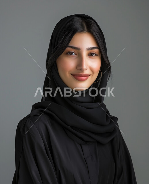 التقاط الصور الشخصية للوثائق الرسمية، الملابس العصرية للمحجبات، الأناقة والإهتمام بالمظهر الخارجي، مفهوم النعومة والأنوثة، ايماءات السعادة والسرور، بورتريه مقرب لامرأة عربية خليجية سعودية محجبة ترتدي عباءة سوداء تنظر الى الكاميرا وتقف باستقامة، خلفية رمادية