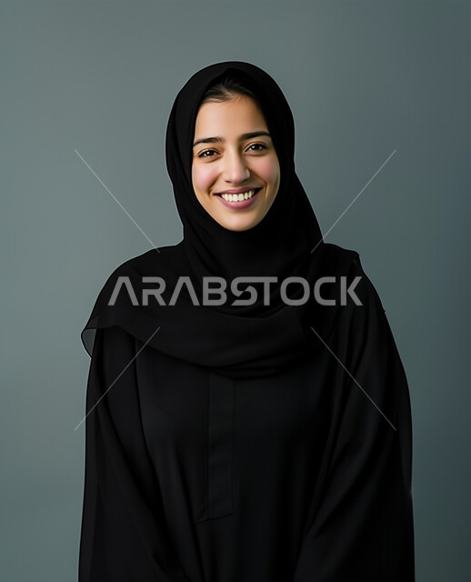 Attention to appearance and elegance, concept of softness and femininity, gestures of happiness and pleasure, personal photos for official documents, modern fashion for veiled women, close-up portrait of a veiled Saudi Arabian Gulf woman wearing a black abaya looking at the camera and standing straight, gray background