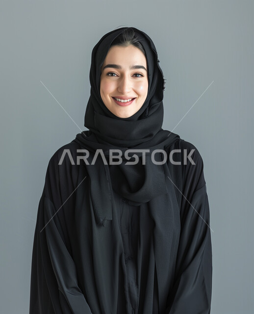 ايماءات السعادة والسرور، الصور الشخصية للوثائق الرسمية، الأزياء العصرية للمحجبات، الأنوثة والنعومة والإهتمام بالمظهر الخارجي والأناقة، بورتريه مقرب لامرأة عربية خليجية سعودية محجبة ترتدي عباءة سوداء تنظر الى الكاميرا وتقف باستقامة، خلفية رمادية
