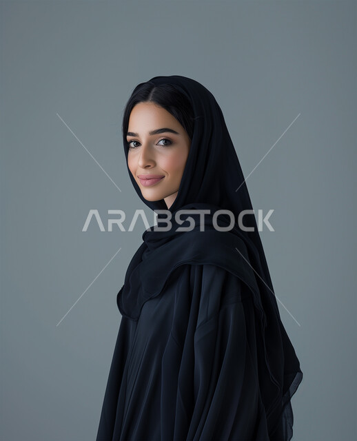 تعابير السعادة والسرور، الصور الشخصية للوثائق الرسمية، الأزياء العصرية للمحجبات، الأنوثة والنعومة والإهتمام بالمظهر الخارجي والأناقة، بورتريه مقرب لامرأة عربية خليجية سعودية محجبة ترتدي عباءة سوداء تنظر الى الكاميرا وتقف باستقامة، خلفية رمادية