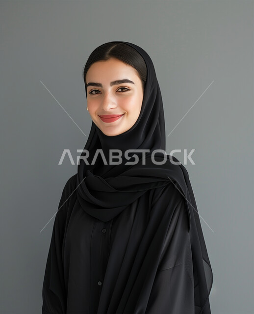 Portraits for official documents, expressions of happiness and pleasure, modern fashion for veiled women, femininity, softness, interest in appearance and elegance, close-up portrait of a veiled Saudi Arabian Gulf woman wearing a black abaya looking at the camera and standing straight, gray background