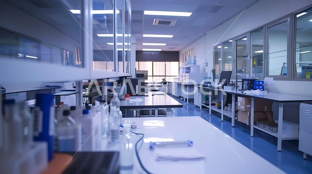 The concept of scientific research and development of samples through advanced modern devices in a medical research laboratory, medicine and health care, the progress of biotechnology in scientific laboratories, a modern Saudi research center in the Kingdom of Saudi Arabia