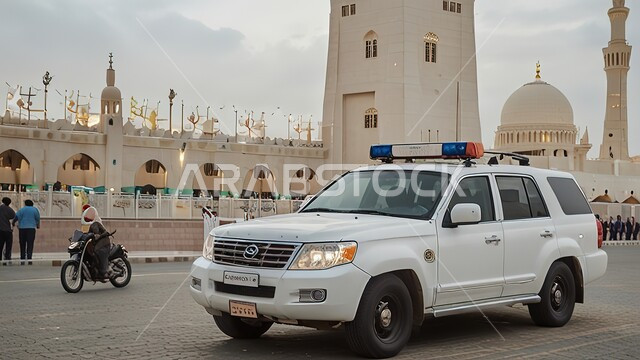 سيارة حديثة تابعة لشرطة أبو ظبي، الحفاظ على الأمن والأمان في الإمارات العربية المتحدة، شرطة أبو ظبي لنشر الوعي المروري