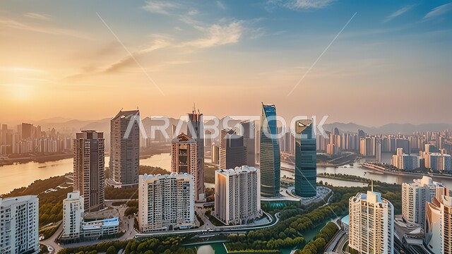  المدن السياحية الساحلية، الفن الهندسي المعماري المتطور للمنشآت التجارية والسكنية في شاطئ جميرة، المباني والمنتجعات الفاخرة في الإمارات العربية المتحدة، صورة جوية لناطحات السحاب والأبراج في مرسى دبي وقت غروب الشمس