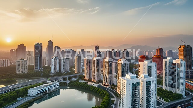  الفن الهندسي المعماري المتطور للمنشآت التجارية والسكنية في شاطئ جميرة، المباني والمنتجعات الفاخرة في الإمارات العربية المتحدة، صورة جوية لناطحات السحاب والأبراج في مرسى دبي وقت غروب الشمس، المدن السياحية الساحلية