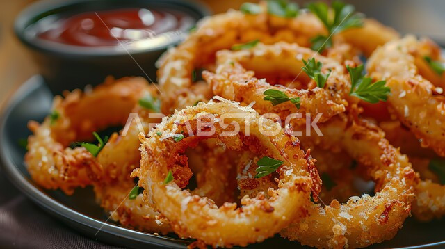 حلقات البصل الذهبية المقرمشة المزينة بالبقدونس، مقبلات مقلية لذيذة، وجبات غير صحية، مطاعم الماكولات السريعة في المملكة العربية السعودية