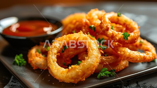 حلقات البصل الذهبية المقرمشة المزينة بالبقدونس، مقبلات مقلية لذيذة، وجبات غير صحية، مطاعم الماكولات السريعة في المملكة العربية السعودية