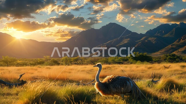 طائر النعام يجلس وسط الحقول عند غروب الشمس، محميات طبيعية برية لتربية ورعاية أنواع الطيور، نعامة بيضاء في احدى حدائق الحيوان في المملكة العربية السعودية