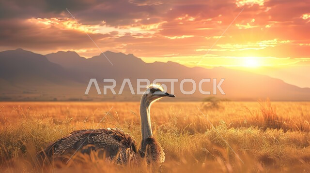 طائر النعام يجلس وسط الحقول عند غروب الشمس، محميات طبيعية برية لتربية ورعاية أنواع الطيور، نعامة بيضاء في احدى حدائق الحيوان في المملكة العربية السعودية