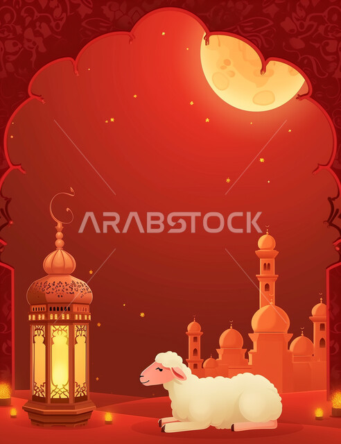 Eid al-Adha backgrounds, a greeting card for Islamic occasions and holidays with a red background, the white sheep and the illuminated lantern, the domes and minarets of mosques in Islam, the full moon in the sky and the shining stars around it