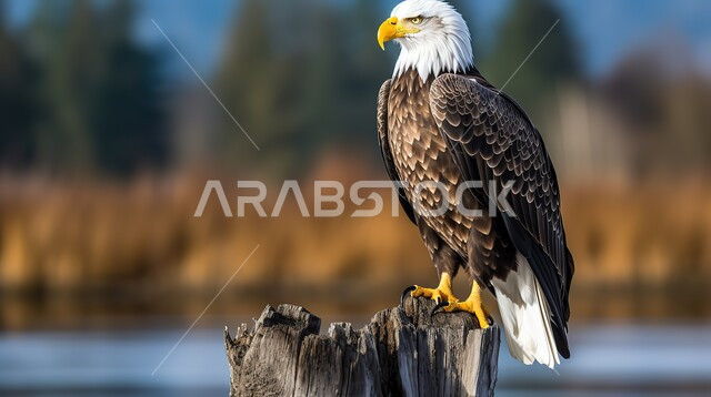 نسر مهيب يقف على عمود خشبي قديم يستعد للطيران واصطياد الفرائس, تنوع الثروة الحيوانية في السعودية, الطيور الجارحة في غابات المملكة, طائر النسر في الحقل