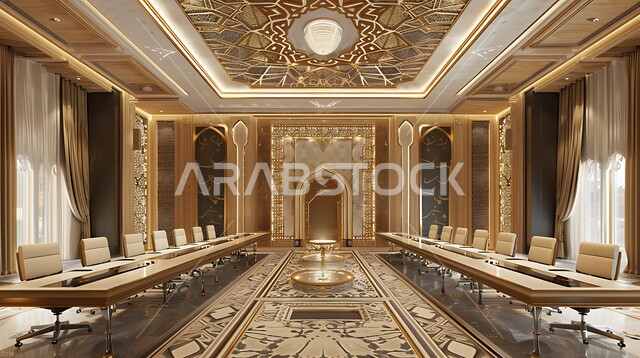 طاولة اجتماع وأثاث راقي ومريح ,فنادق ومنتجعات فاخره, الجدران والأسقف المزخرفة، غرفة اجتماعات بتصميمات عصرية حديثه، ديكورات داخليه كلاسيكية وتصاميم متميزة على الطراز الحديث