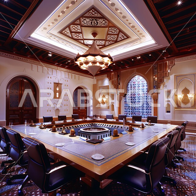  الجدران والأسقف المزخرفة، غرفة اجتماعات بتصميمات عصرية حديثه، ديكورات داخليه كلاسيكية وتصاميم متميزة على الطراز الحديث، فنادق ومنتجعات فاخره, طاولة اجتماع وأثاث راقي ومريح