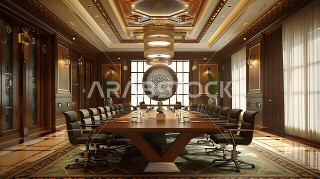  الجدران والأسقف المزخرفة، غرفة اجتماعات بتصميمات عصرية حديثه، ديكورات داخليه كلاسيكية وتصاميم متميزة على الطراز الحديث، فنادق ومنتجعات فاخره, طاولة اجتماع وأثاث راقي ومريح