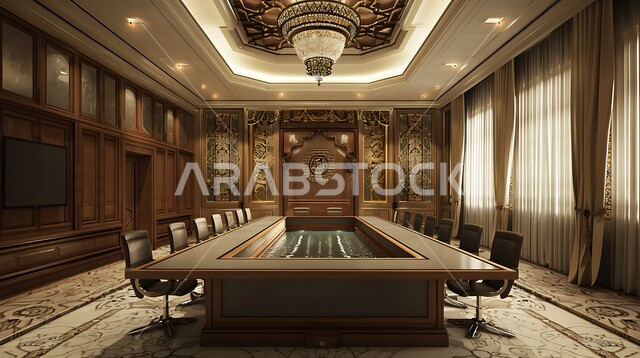 غرفة اجتماعات بتصميمات عصرية حديثه، ديكورات داخليه كلاسيكية وتصاميم متميزة على الطراز الحديث، فنادق ومنتجعات فاخره, الجدران والأسقف المزخرفة، طاولة اجتماع وأثاث راقي ومريح