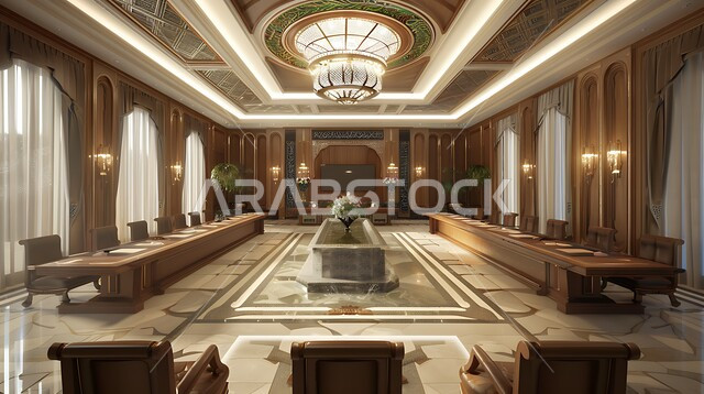 غرفة اجتماعات بتصميمات عصرية حديثه، ديكورات داخليه كلاسيكية وتصاميم متميزة على الطراز الحديث، فنادق ومنتجعات فاخره, الجدران والأسقف المزخرفة، طاولة اجتماع وأثاث راقي ومريح