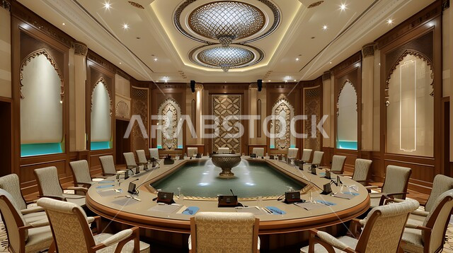 التصميم العصري الحديث للمكاتب في الشركات السعودية, غرف مكتبية بتصاميم وديكورات داخلية بزخارف فخمة، قاعة اجتماعات واسعة مع طاولة محاطة بكراسي