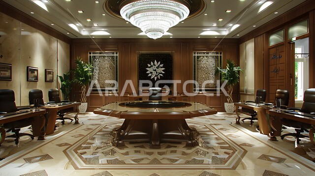 التصميم العصري الحديث للمكاتب في الشركات السعودية, غرف مكتبية بتصاميم وديكورات داخلية بزخارف فخمة، قاعة اجتماعات واسعة مع طاولة محاطة بكراسي