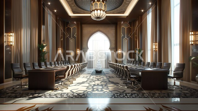  غرف مكتبية بتصاميم وديكورات داخلية بزخارف فخمة، قاعة اجتماعات واسعة مع طاولة محاطة بكراسي، التصميم العصري الحديث للمكاتب في الشركات السعودية