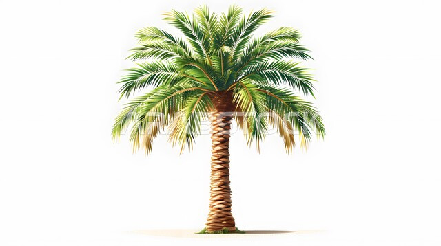 Green palm tree, nature reserve for palm tree cultivation in Saudi Arabia, caring for plants and fruit trees, harvest season, local and national agricultural crops and products, white background