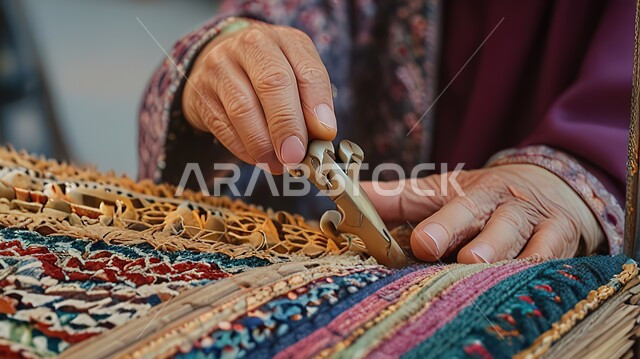 مهن وحرف شعبية نسائية، صورة مقربة لإمرأة عربية خليجية سعودية تقوم بحياكة وغزل السجاد في المصانع والمعامل، نقوشات وزخرفات من التراث السعودي، الفن التراثي الحرفي التقليدي، منتجات صناعية محليه وطنيه، ورشة عمل لصناعة السجاد في المملكة العربية السعودية