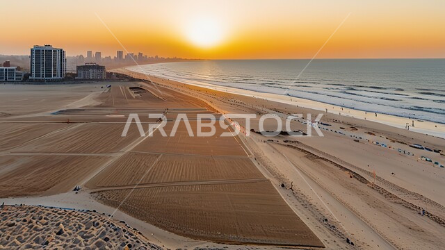 Landmarks and tourist attractions in the Kingdom of Saudi Arabia, the seafront overlooking the Red Sea coast, the development and urban growth of facilities and skyscrapers, the sandy beach of the sea in the city of Jeddah at sunset