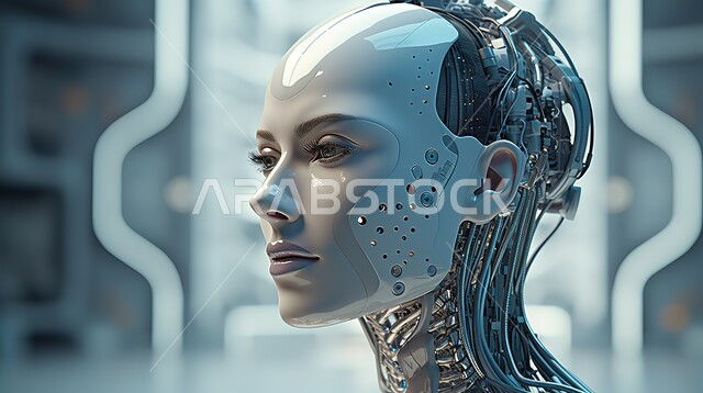 Achieving the industrial revolution, the big data network, and digital transformation, Saudi Vision 2030, high-tech designs for future robots, a close-up of the head of a modern and advanced robot working with technical plans, modern and advanced technology