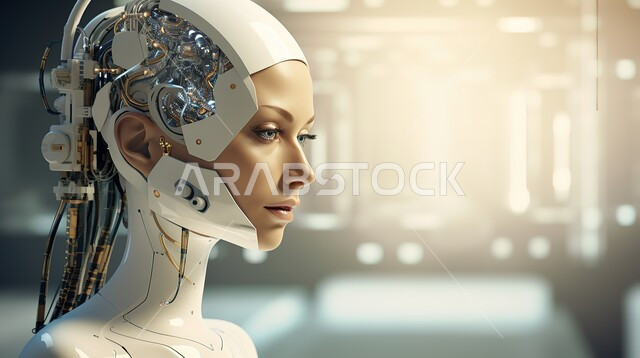 تحقيق الثورة الصناعية وشبكة البيانات الضخمة والتحول الرقمي، رؤية السعودية 2030، تصاميم بتقنيات عالية لروبوتات المستقبل، صورة مقربة لرأس روبوت حديث ومتطور يعمل بالخطط التقنية، التكنولوجيا الحديثة والمتطورة