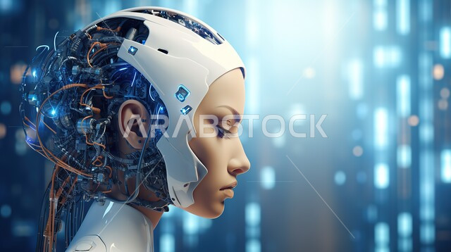 Achieving the industrial revolution, the big data network, and digital transformation, Saudi Vision 2030, high-tech designs for future robots, a close-up of the head of a modern and advanced robot working with technical plans, modern and advanced technology